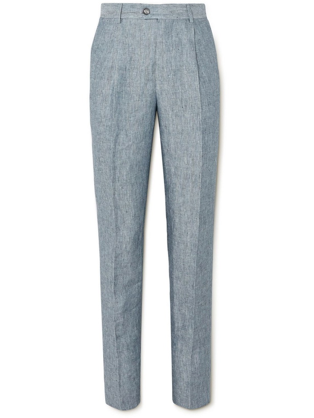 Photo: Brunello Cucinelli - Straight-Leg Pleated Herringbone Hemp and Linen-Blend Suit Trousers - Blue