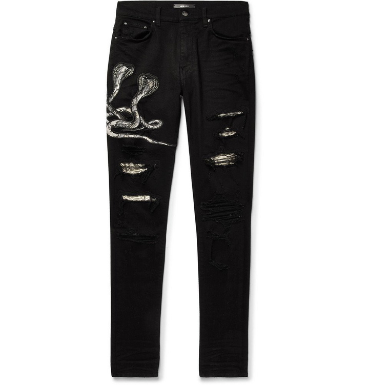 Photo: AMIRI - MX1 Skinny-Fit Appliquéd Faux Snake-Panelled Distressed Stretch-Denim Jeans - Black