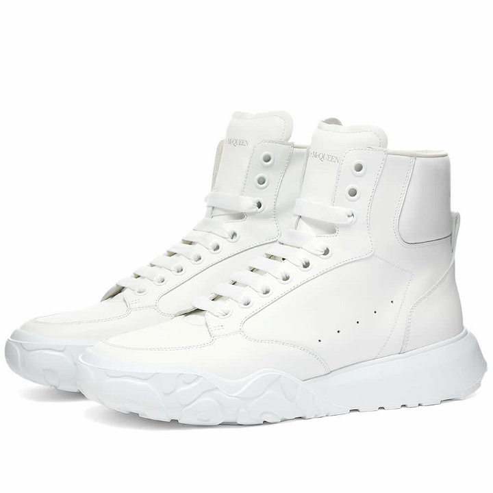Photo: Alexander McQueen Men's Court Mid Nappa Leather Sneakers in White/Optic White