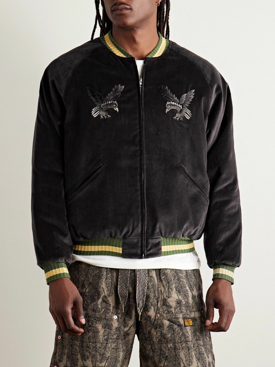 KAPITAL - Souvenir Padded Embroidered Cotton-Velvet Bomber Jacket - Black