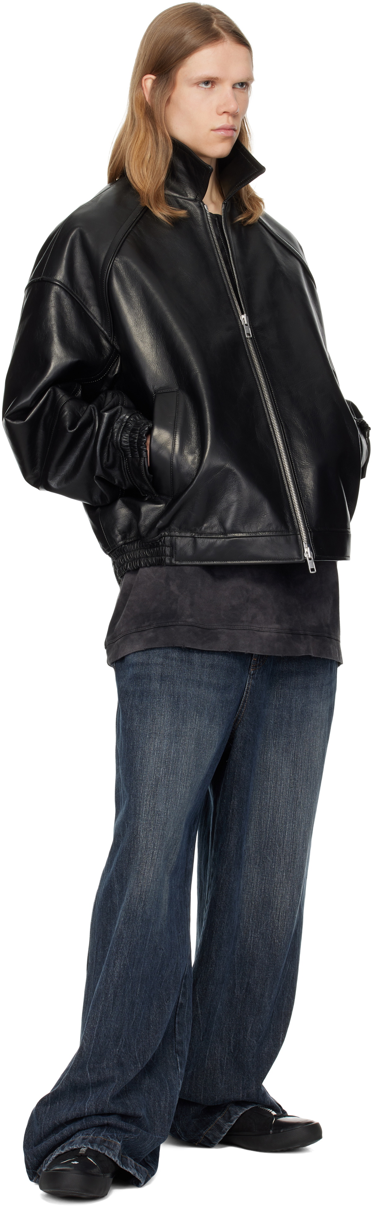 Juun.J Black Stand Collar Leather Aviator Jacket