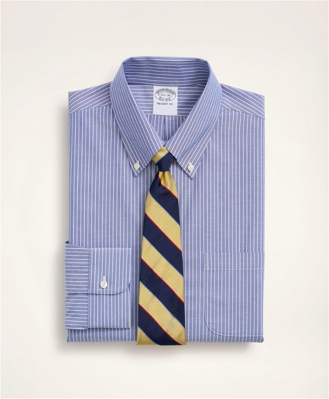 Photo: Brooks Brothers Men's Stretch Regent Regular-Fit Dress Shirt, Non-Iron Poplin Button-Down Collar Ground Stripe | Blue