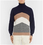 Brunello Cucinelli - Chevron Ribbed Virgin Wool, Cashmere and Silk-Blend Rollneck Sweater - Men - Navy
