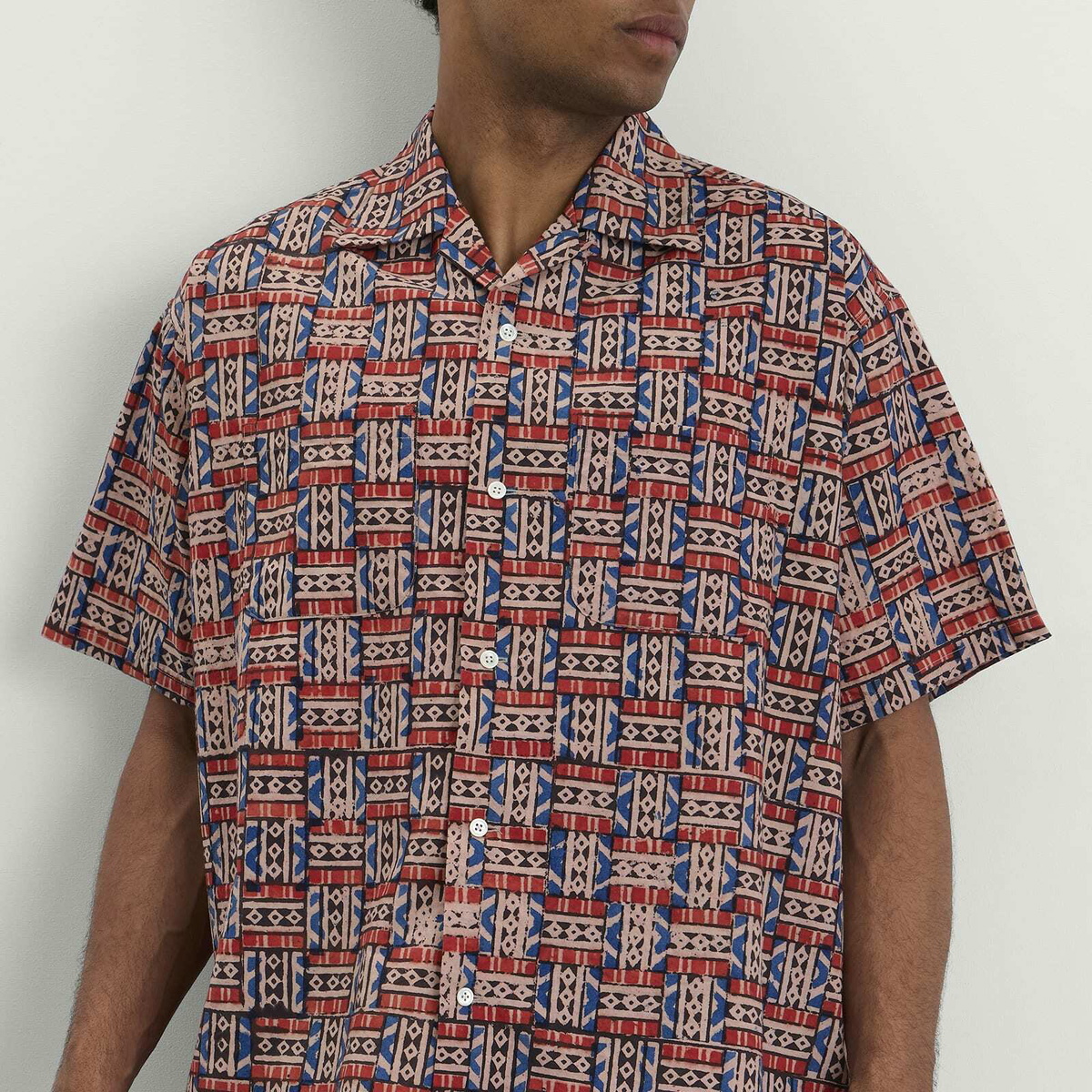 Beams Plus Men's Block Print Open collar Shirt in Red