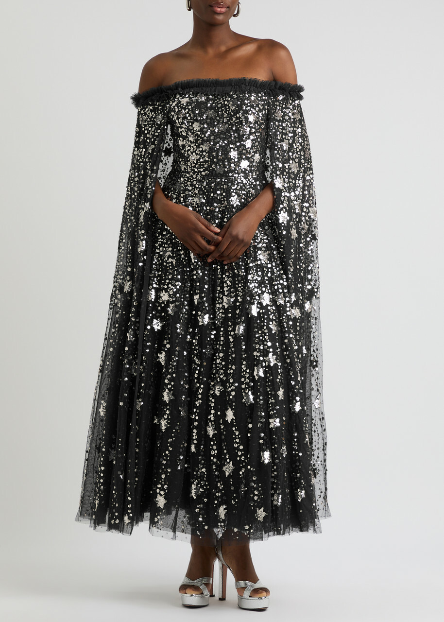 Needle & Thread Shooting Stars Embellished Tulle Cape Gown Gunmetal