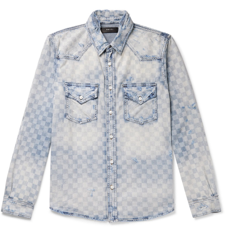 Photo: AMIRI - Distressed Checked Denim Shirt - Blue