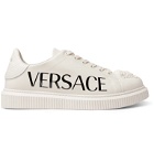 Versace - Logo-Print Rubber-Trimmed Leather Sneakers - Neutrals