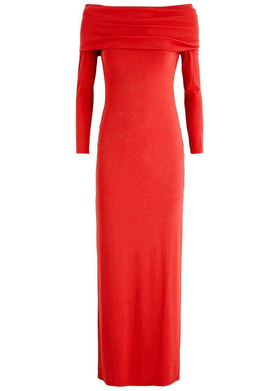 chinese dress ladies Alice + Olivia Off the Shoulder Maxi Dress Pansy Red Embroidered Cotto –  Celebrity Owned main image 0