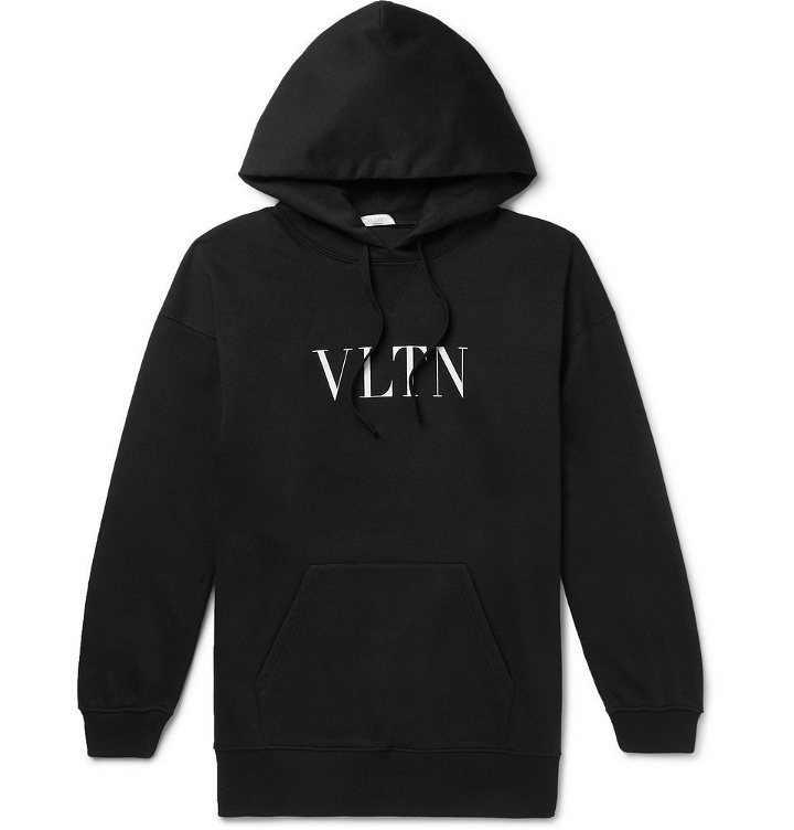 Photo: Valentino - Oversized Logo-Print Loopback Cotton-Blend Jersey Hoodie - Black