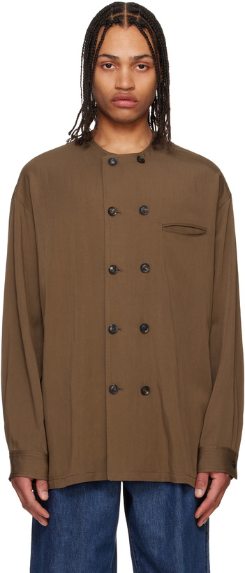 Photo: SOSHIOTSUKI Brown Rayon Weasher No Collar Shirt