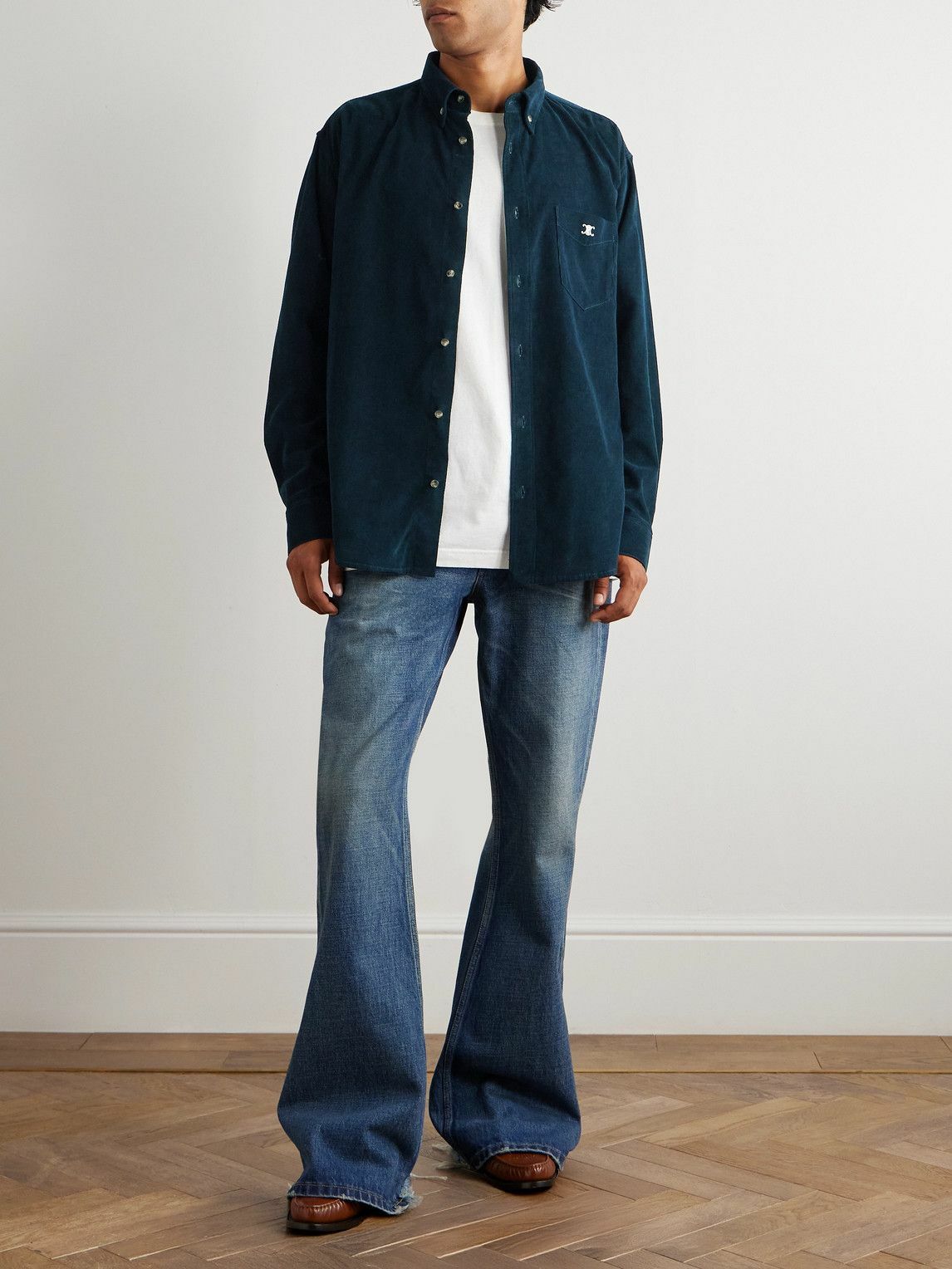CELINE - Button-Down Collar Logo-Embroidered Cotton-Corduroy Shirt - Blue