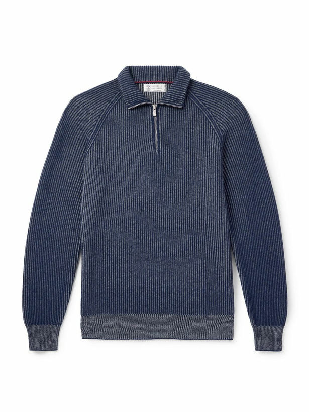 Photo: Brunello Cucinelli - Striped Ribbed Cashmere Half-Zip Sweater - Blue