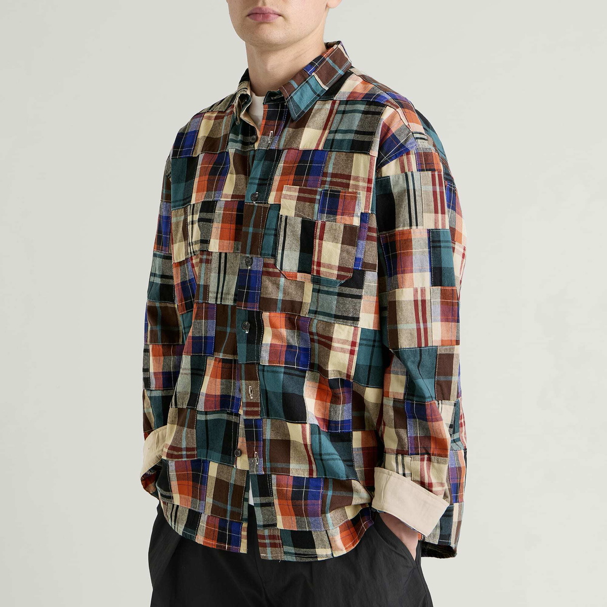 FrizmWORKS Men's Madras Patchwork Relaxed Shirt in Beige