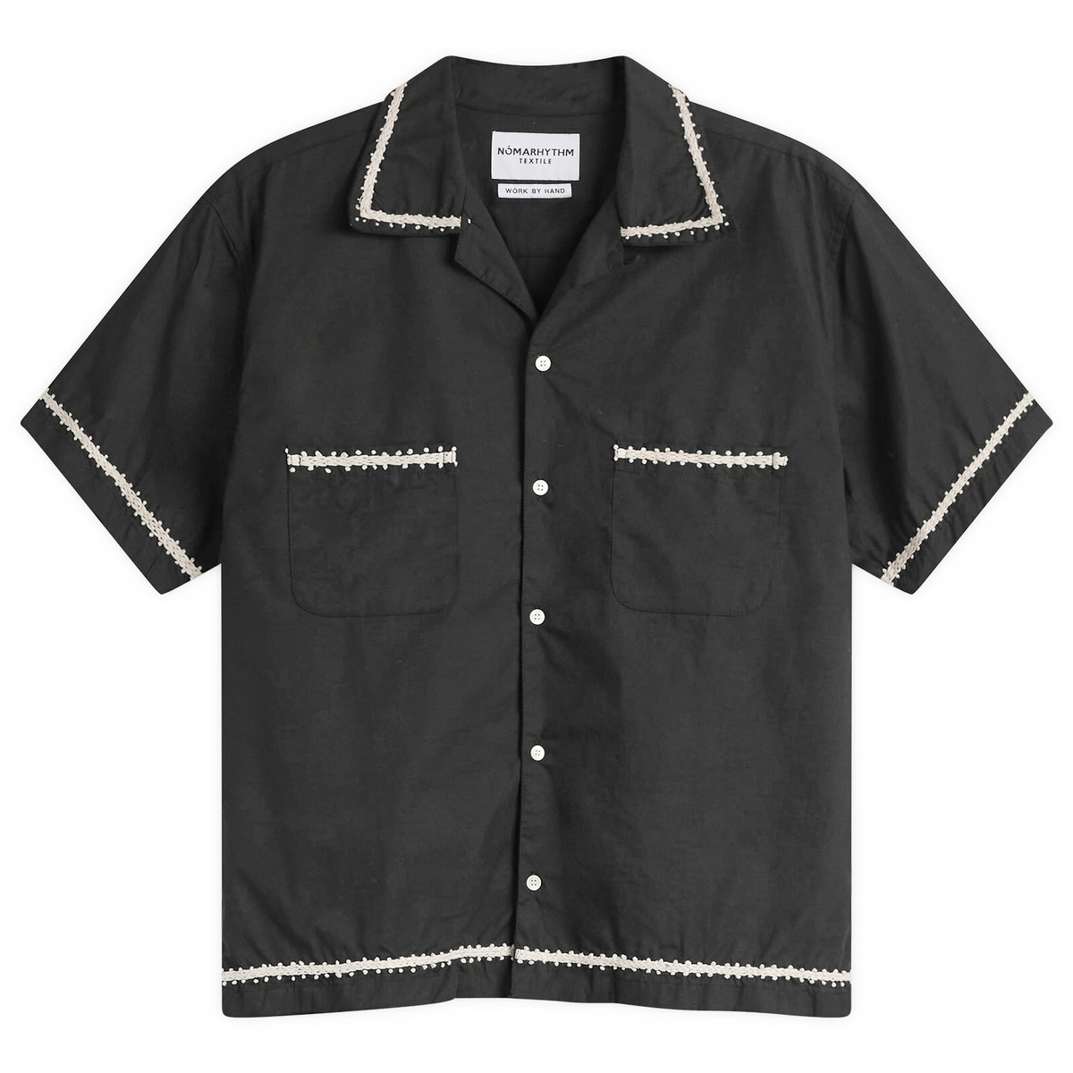 NOMARHYTHM TEXTILE Men's Trim Embroidery Open Collar Shirt in Black