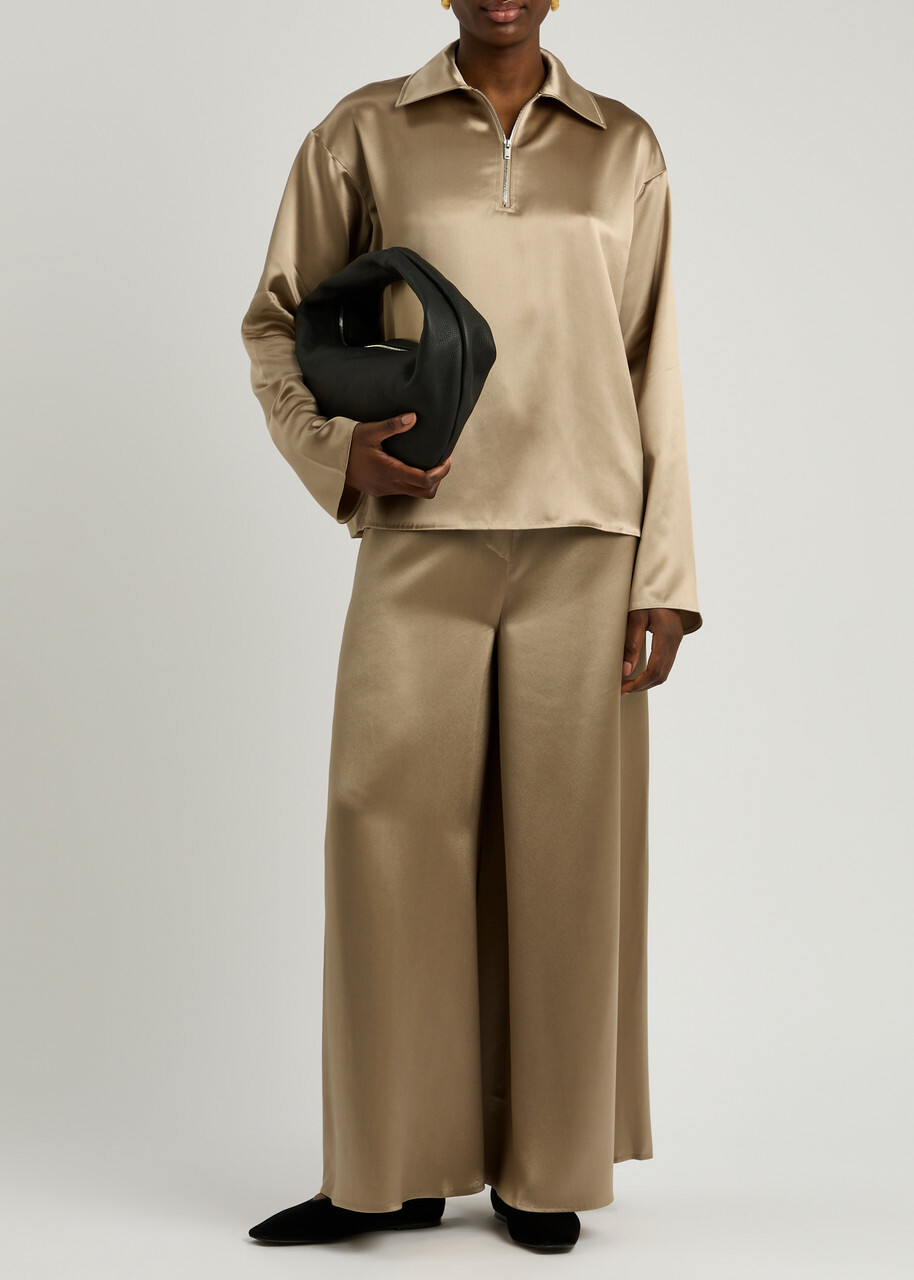 Nanushka Zaniah Cropped Flared-leg Satin Trousers Beige
