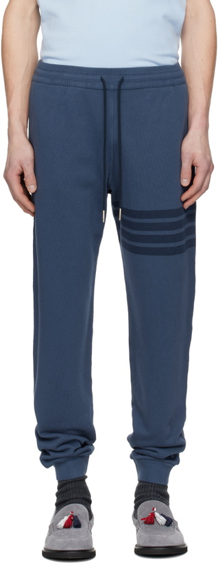 Photo: Thom Browne Blue Overdyed Solid Loopback 4 Bar Sweatpants