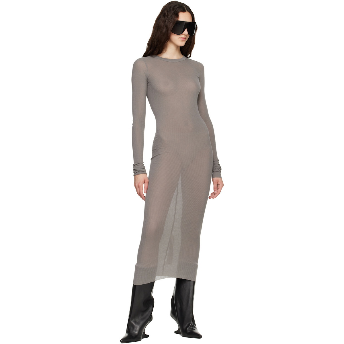 Rick Owens Taupe Tower Rib LS Midi Dress