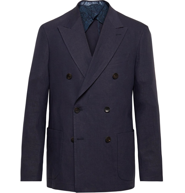 Photo: Etro - Navy Unstructured Double-Breasted Linen-Blend Blazer - Blue