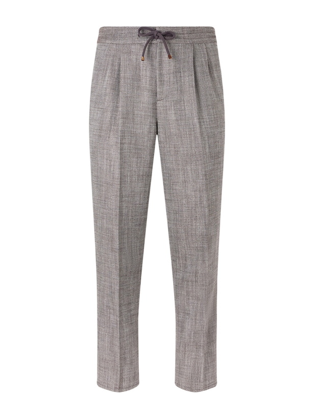 Photo: Brunello Cucinelli - Straight-Leg Pleated Herringbone Trousers - Brown