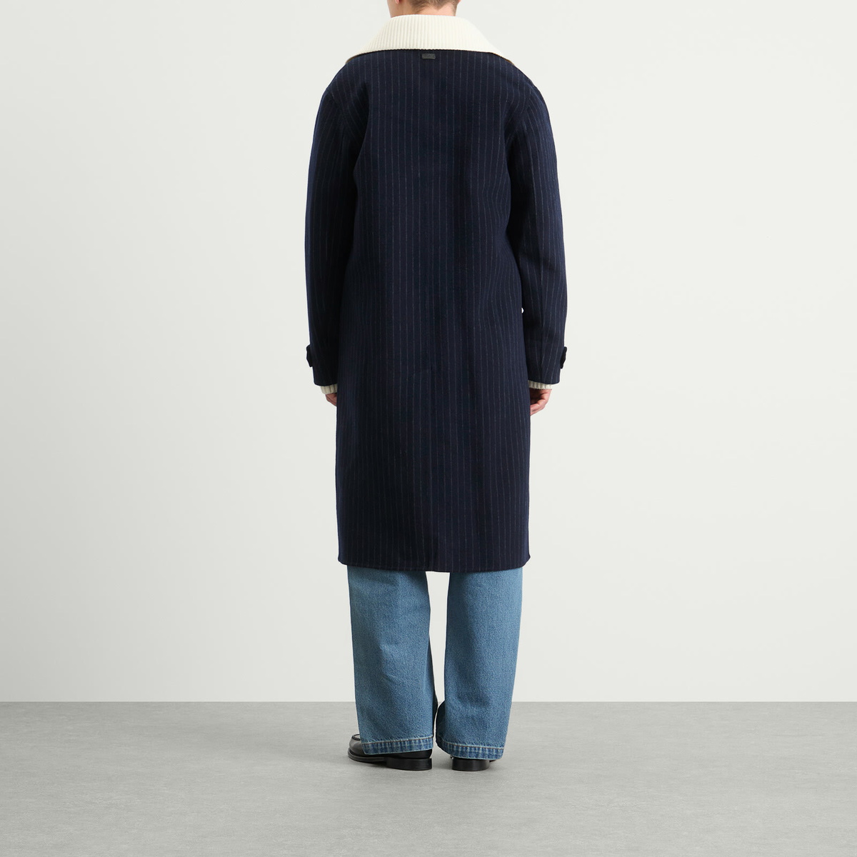 Drôle de Monsieur Men's Drole De Monsieur Pinstripe Coat with Detachable Collar in Dark Navy