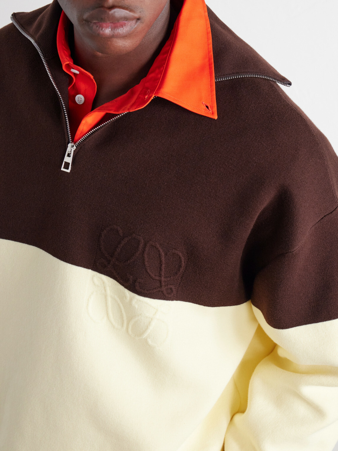 LOEWE - Anagram-Embossed Two-Tone Cotton-Blend Jersey Half-Zip Sweater - Brown