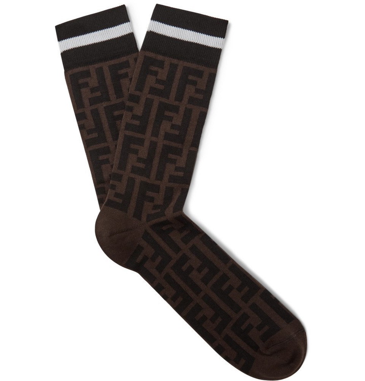 Photo: Fendi - Logo-Intarsia Stretch Cotton-Blend Socks - Men - Brown