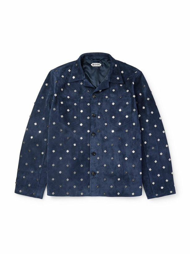 Photo: BODE - Clover Embellished Suede Overshirt - Blue