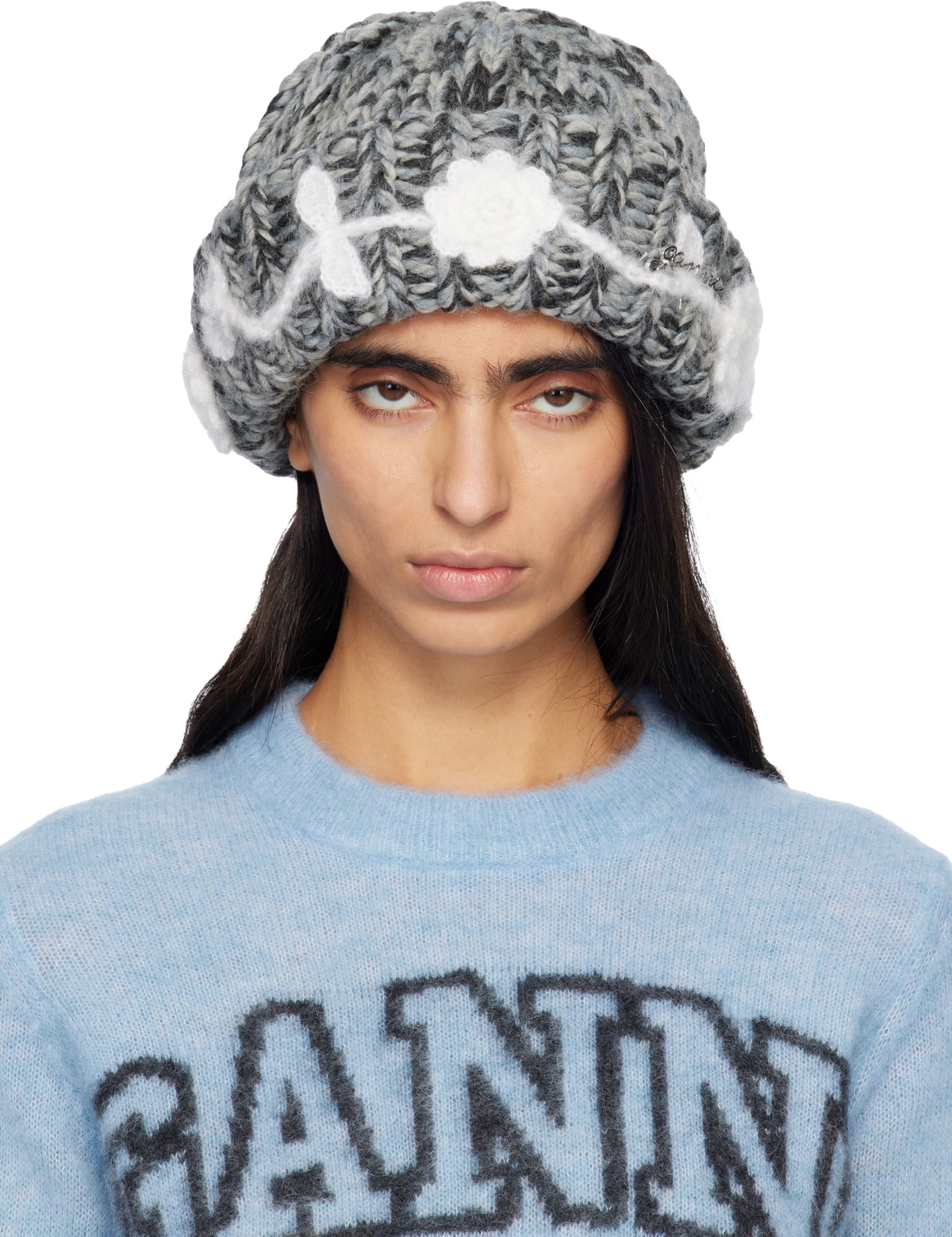 GANNI Gray Wool Handknit Beanie