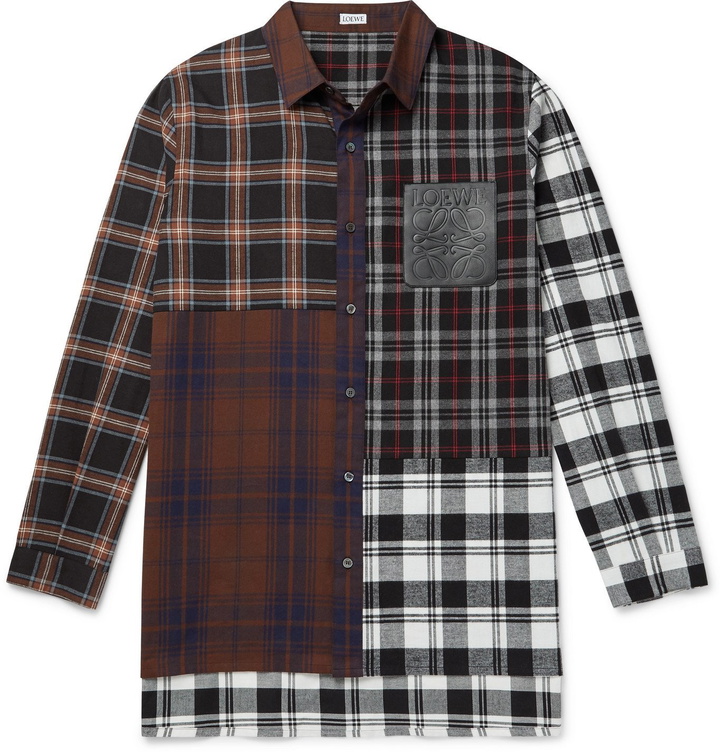 Photo: Loewe - Leather-Trimmed Patchwork Checked Cotton-Flannel Shirt - Brown