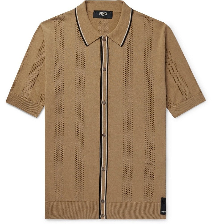 Photo: Fendi - Contrast-Tipped Perforated Stretch-Knit Polo Shirt - Men - Tan