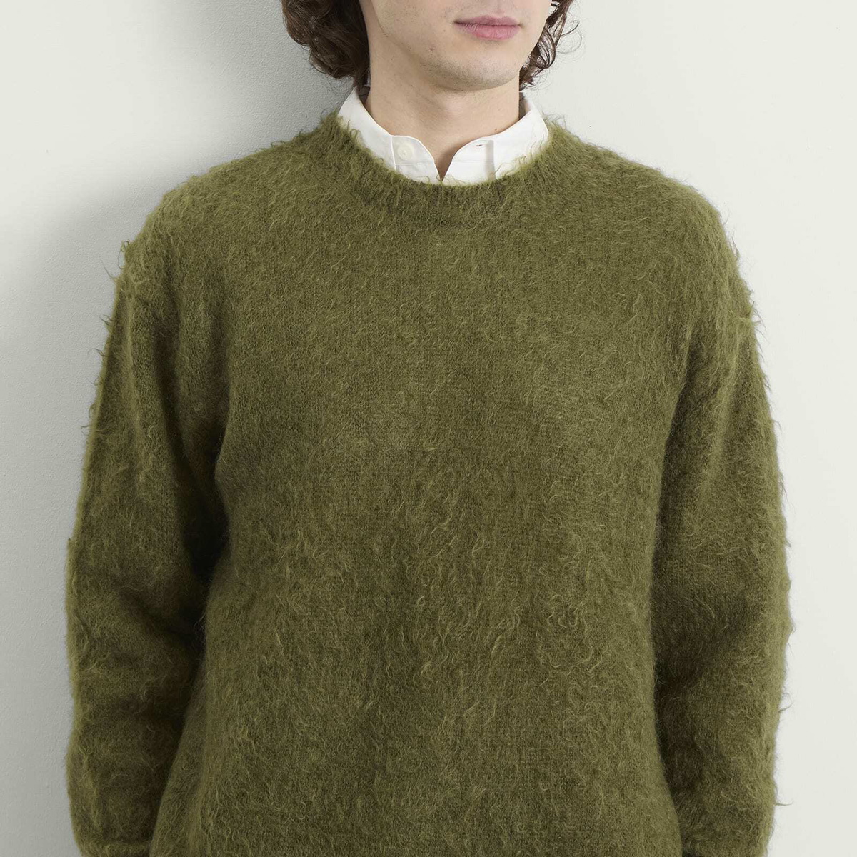 Auralee Men's Brushed Kid Mohair Jumper in Olive