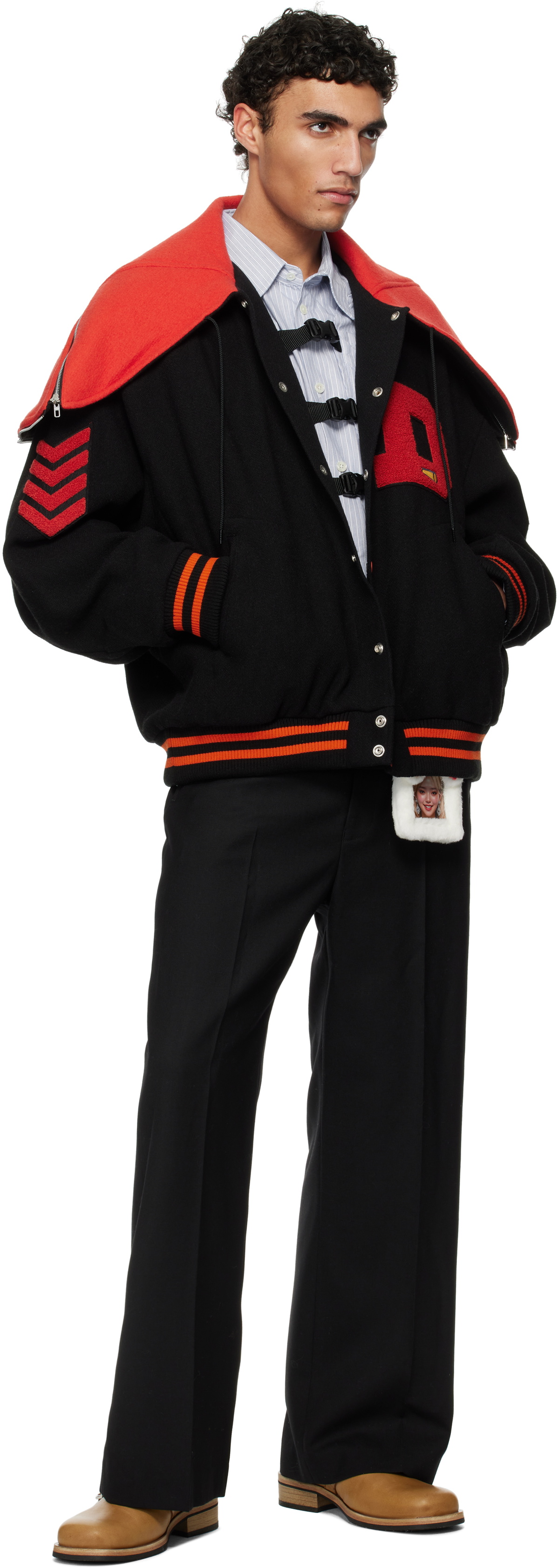 doublet Black & Red Petal Mouth Hood Varsity Bomber Jacket