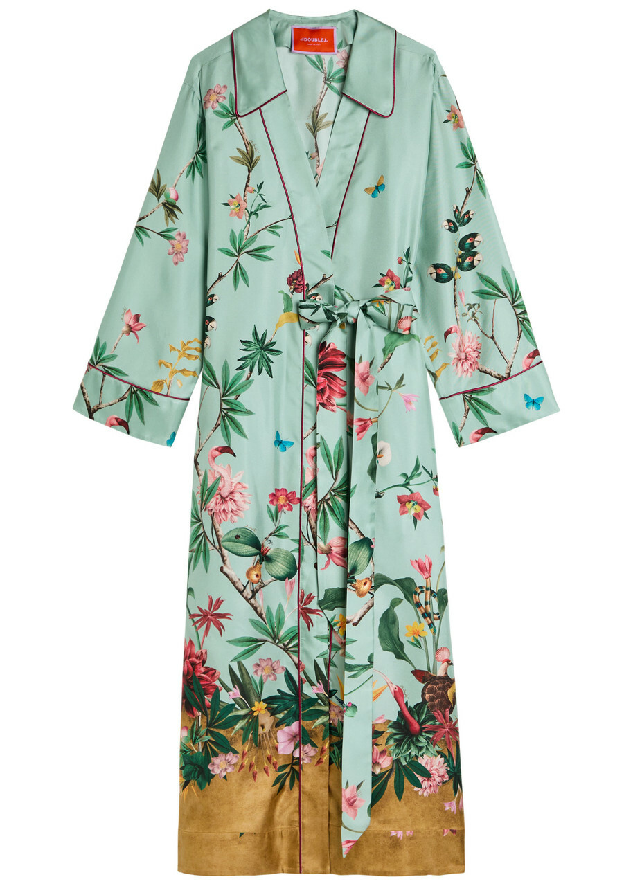 LA Double J Midnight Printed Silk Midi Wrap Shirt Dress Blue