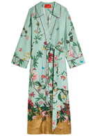 LA Double J Midnight Printed Silk Midi Wrap Shirt Dress Blue