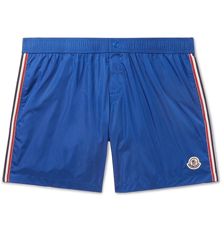 Photo: Moncler - Slim-Fit Mid-Length Logo-Appliquéd Swim Shorts - Blue