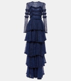 Costarellos Frill-trimmed tiered lace gown