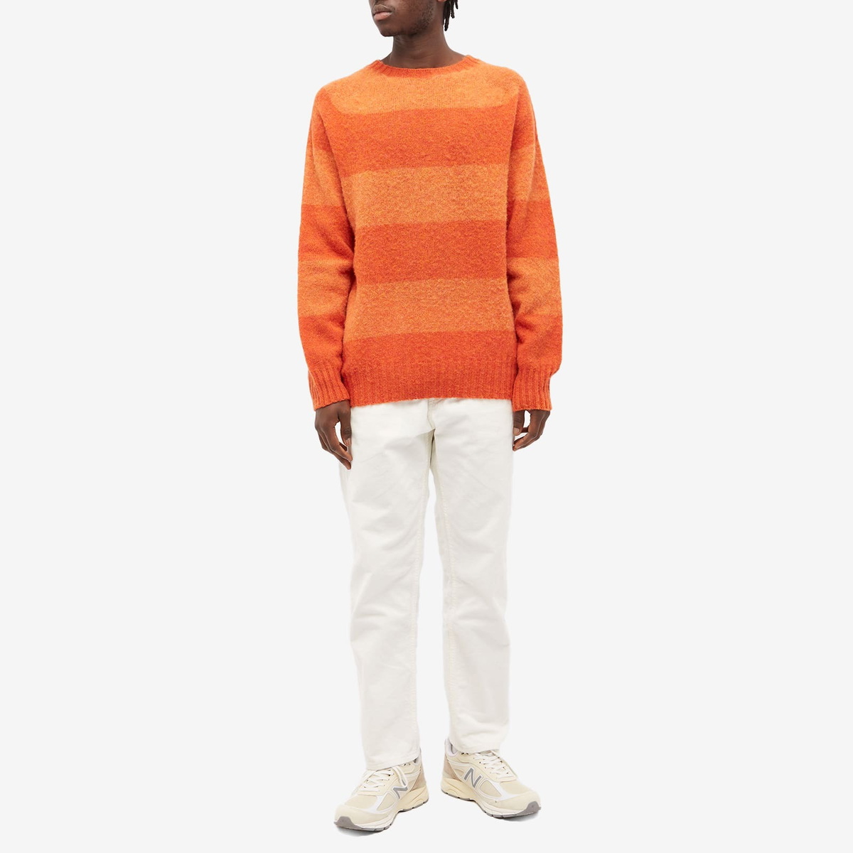 YMC Men's Suedehead Stripe Crew Knit in Red-Orange YMC