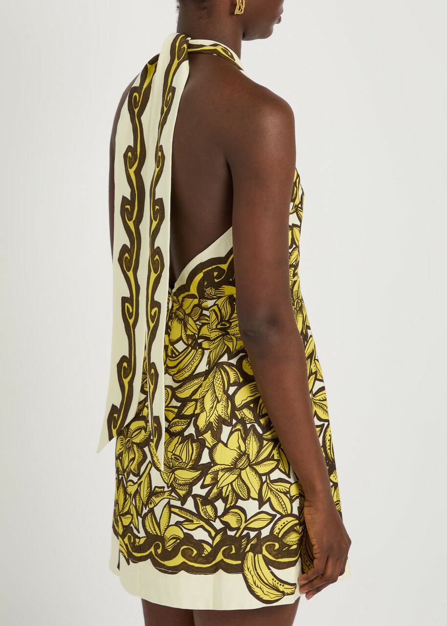 Alemais Mona Printed Halterneck Hemp Mini Dress Yellow