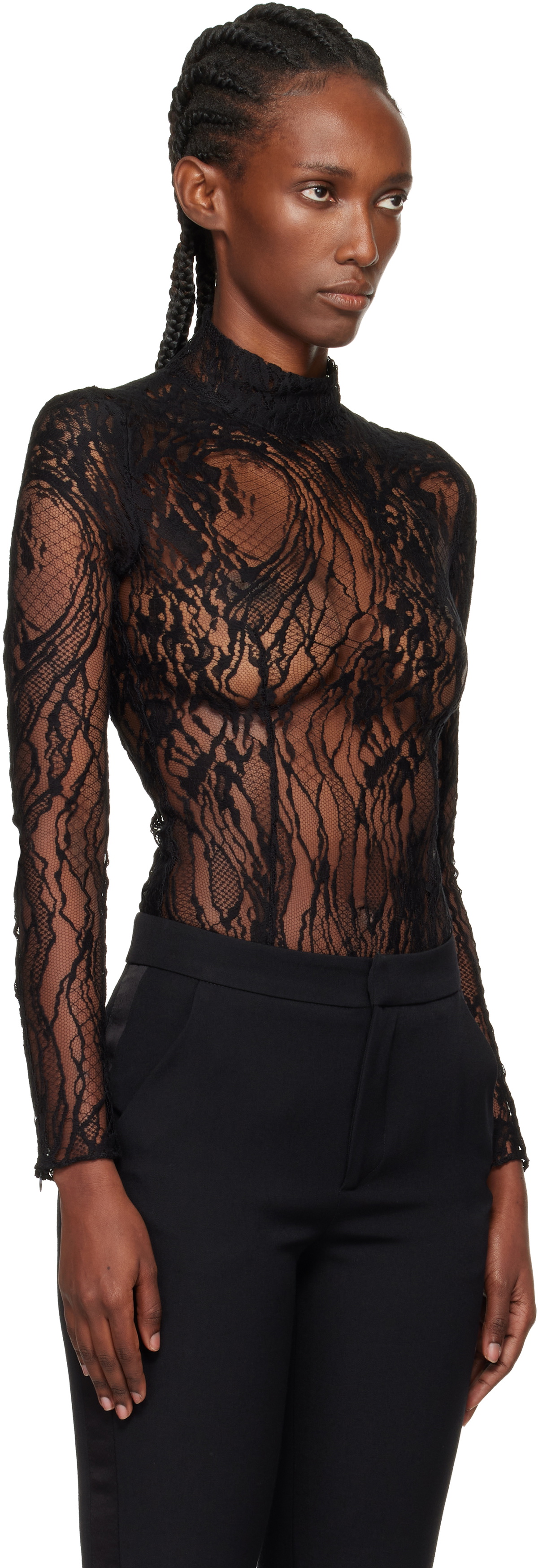Balmain Black Long-Sleeved Lace Bodysuit