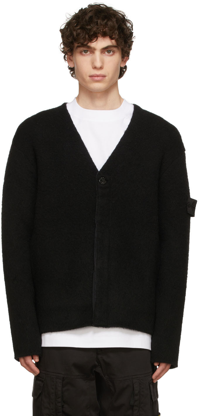 stone  shadow project vネック セーター Stone Island Shadow Project Black Wool & Cotton Hand-Gauzed