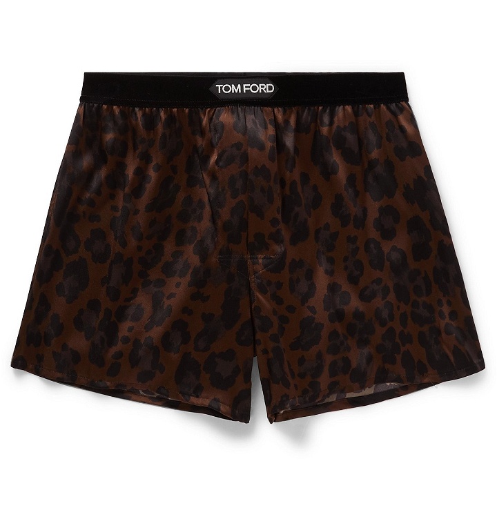 Photo: TOM FORD - Velvet-Trimmed Leopard-Print Stretch-Silk Satin Boxer Shorts - Brown