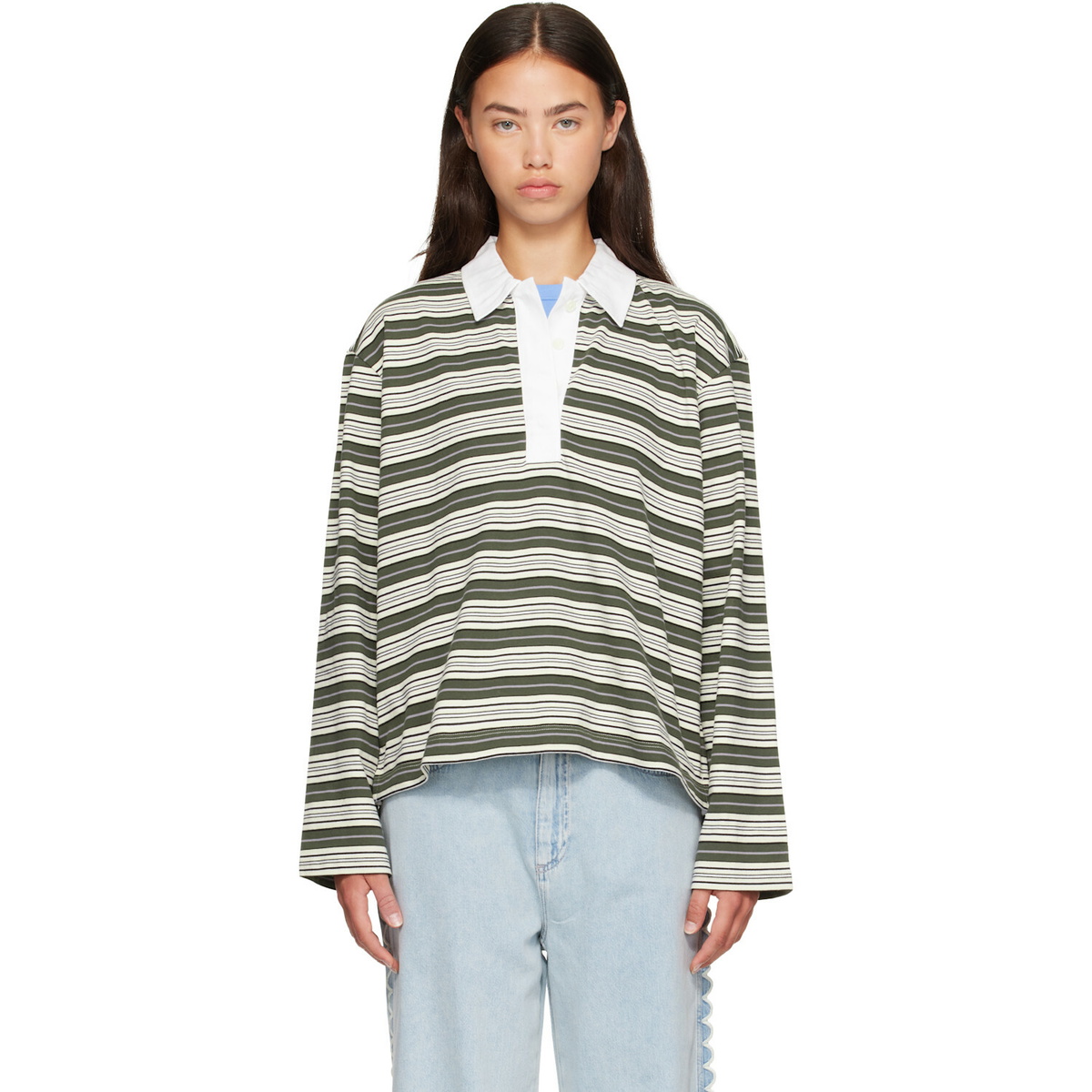 rag & bone Green Kelly Boxy Striped Long-Sleeve Polo