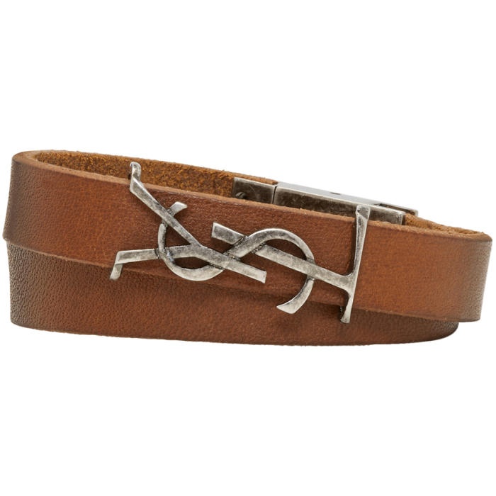 Photo: Saint Laurent Brown Leather Logo Wrap Bracelet