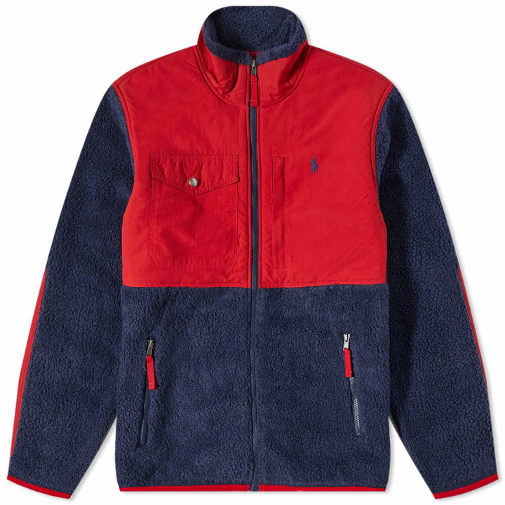 Photo: Polo Ralph Lauren Men's Panelled Zip Through Fleece in Newport Navy/Red