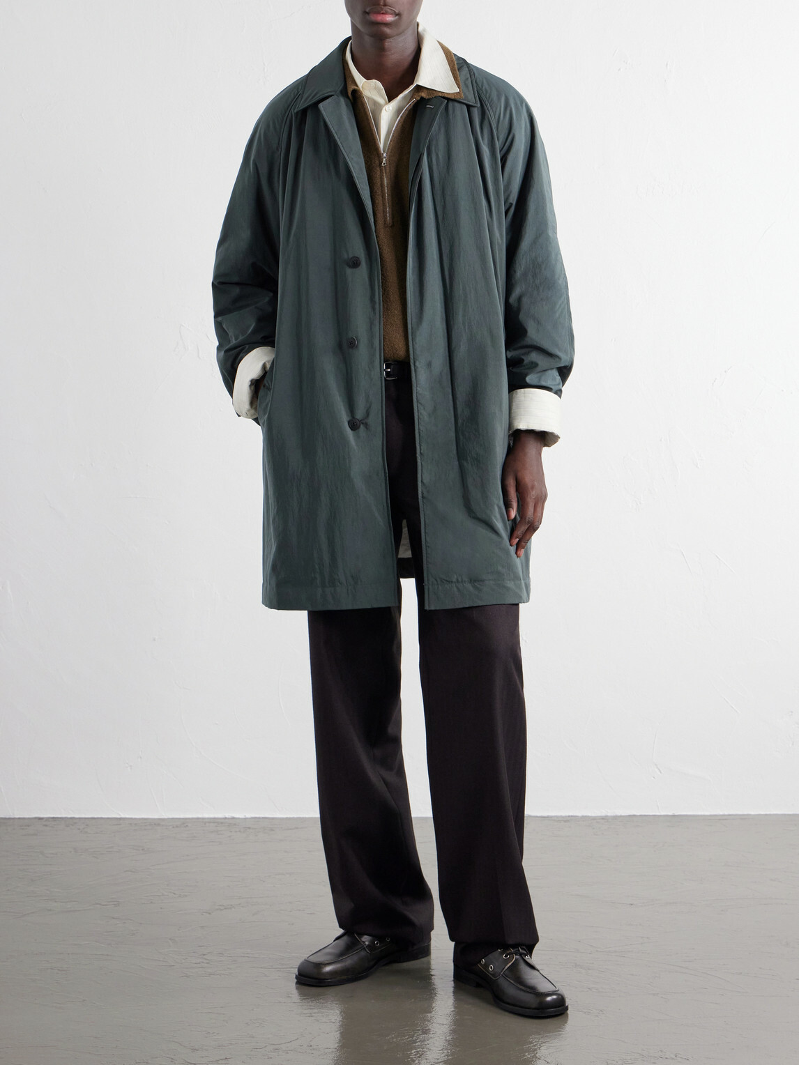 ATON - Balmacaan Padded Satin Coat - Green