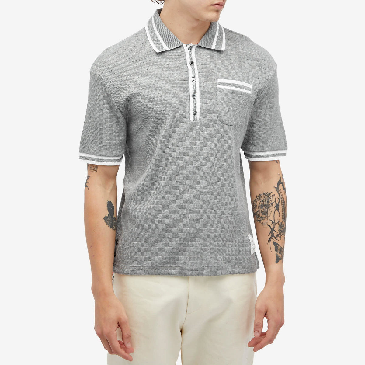 Thom Browne Men's Textured Tipped Polo in Light Grey
