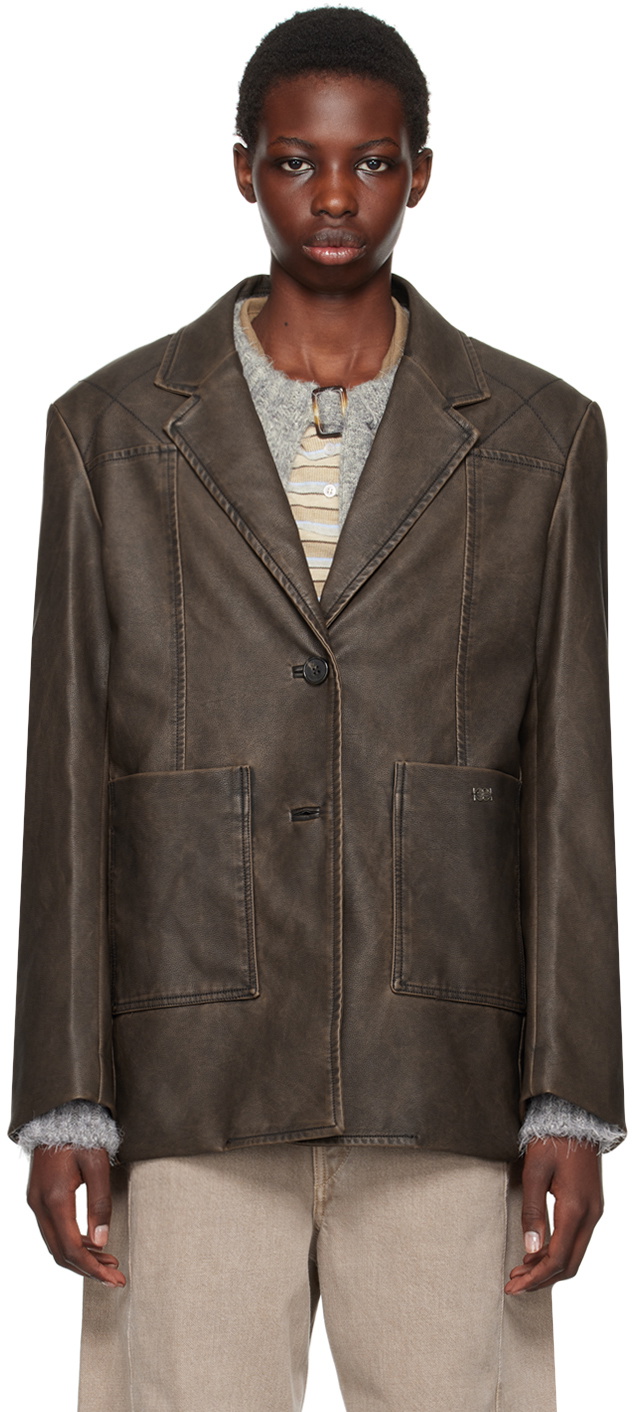 Kijun Brown Stitched Faux-Leather Blazer