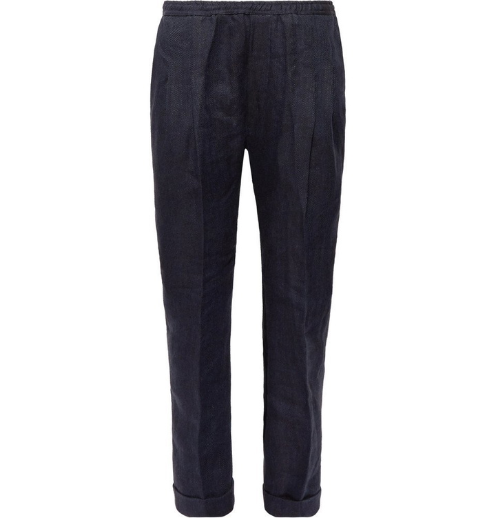 Photo: Rubinacci - Tapered Pleated Herringbone Linen Trousers - Navy