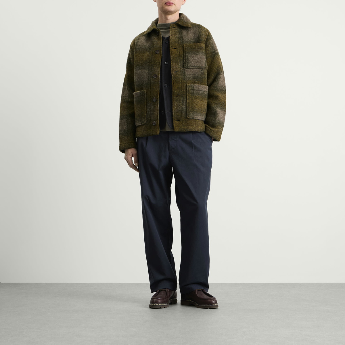 Universal Works Men's Techno Melton Check Tag Jacket in Olive