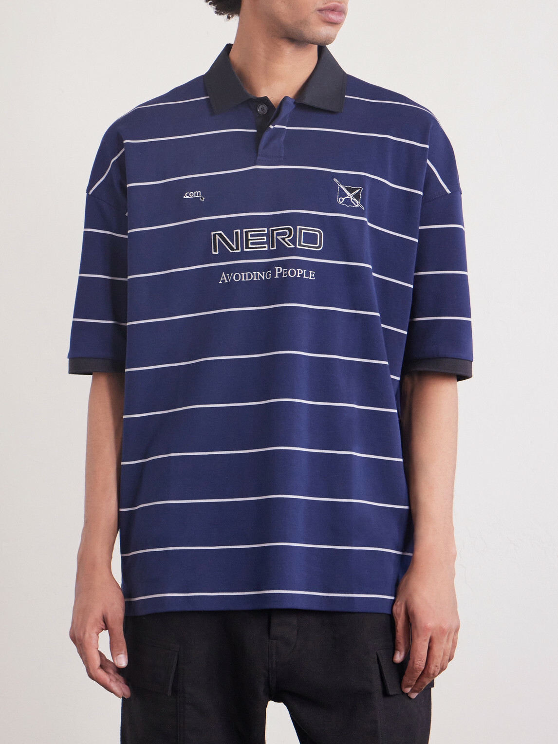 VETEMENTS - Nerd Embroidered Striped Cotton-Jersey Polo Shirt - Blue